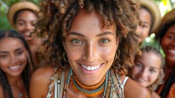 radiant souriant Jeune femme avec copains dans tropical réglage photo