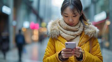 Jeune femme dans Jaune veste envoyer des SMS sur téléphone intelligent dans Urbain soir réglage photo