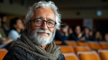 personnes âgées gentilhomme souriant dans une conférence salle pendant une séminaire photo