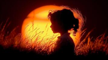 silhouette de une enfant à le coucher du soleil dans une champ photo