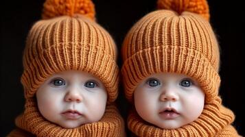 double les tout-petits dans Orange tricoter Chapeaux et colliers photo