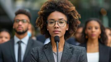 Jeune femme livrer discours à Extérieur un événement photo