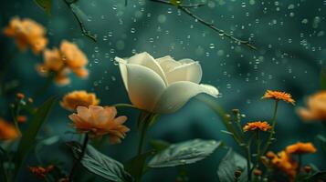 parfait blanc Rose au milieu de vibrant Orange fleurs sur une pluvieux journée photo