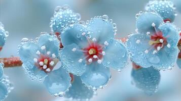 embrassé par la rosée bleu fleurs sur une brumeux Matin photo