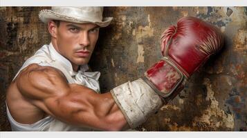 athlétique homme avec boxe gant contre rustique mur photo