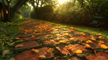 lever du soleil plus de une brique chemin doublé avec déchue Orange pétales photo
