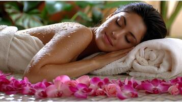 serein femme profiter une spa traitement avec fleurs photo