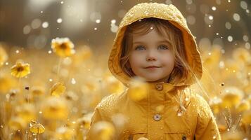 peu fille dans Jaune imperméable parmi d'or fleurs sur une pluvieux journée photo