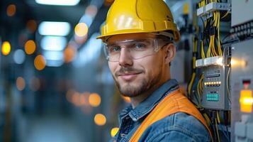 électrique technicien inspecter contrôle panneau dans industriel réglage photo