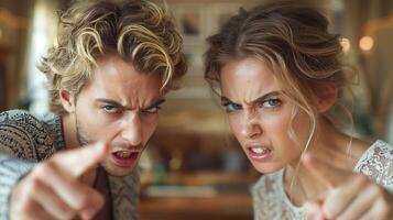 frustré Jeune couple argumenter à l'intérieur pendant jour photo