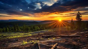 le coucher du soleil plus de déboisé colline photo