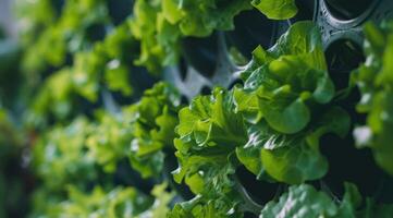 Frais biologique feuillu légumes verts croissance dans agricole serre. photo