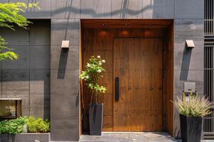 marron de face porte avec végétaux, façade de une moderne bâtiment avec moderne porte. photo