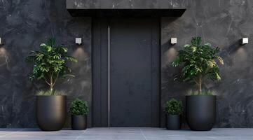 noir de face porte avec végétaux, façade de une moderne bâtiment avec moderne porte. photo