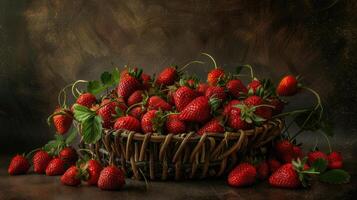 juteux des fraises débordé de une rustique tissé panier photo