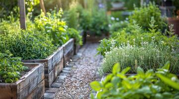 en bois élevé des lits soigneusement arrangé avec Lignes de aromatique herbes. photo