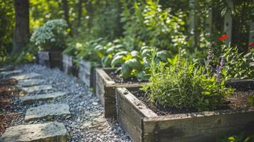 en bois élevé des lits soigneusement arrangé avec Lignes de aromatique herbes. photo