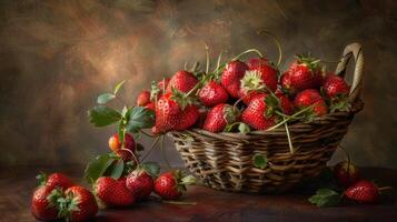 juteux des fraises débordé de une rustique tissé panier photo