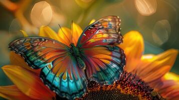 une vibrant papillon délicatement perché sur le pétales de une épanouissement tournesol. photo