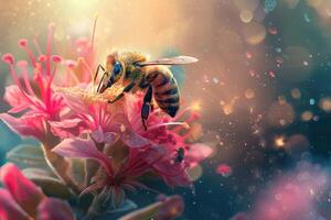 gros plan d'abeille pollinisant sur fleur rose photo