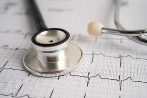 stéthoscope sur électrocardiogramme ecg, onde cardiaque, crise cardiaque, rapport de cardiogramme. photo