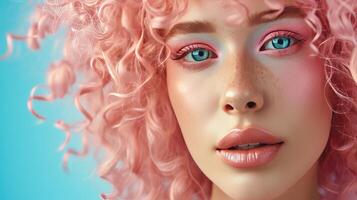 femme avec rose cheveux et bleu yeux photo