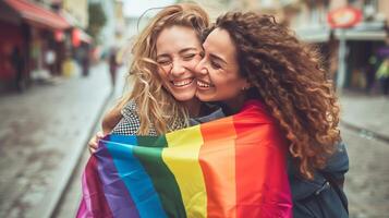 deux femmes étreindre avec arc en ciel drapeau photo