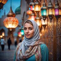 femme dans traditionnel musulman vêtements, souriant. magnifique femme photo du visage à la recherche à caméra et portant une hijab.