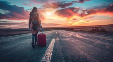 une femme est en marchant vers le bas une route avec une rouge valise. concept de solo Voyage photo