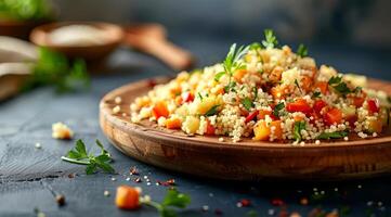 une bol de couscous avec une variété de des légumes et céréales photo