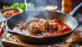 une la personne est cuisine poulet dans une la poêle sur une le fourneau photo