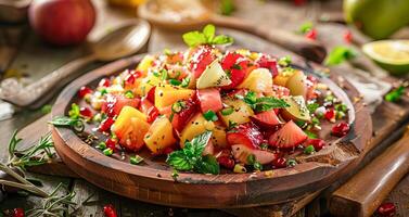 une assiette de fruit salade avec des fraises, kiwi, des oranges et autre des fruits photo