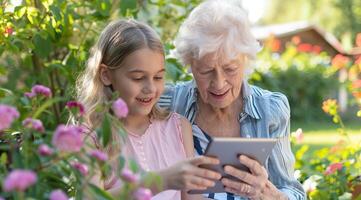 Jeune fille enseigne Sénior femme Nouveau les technologies sur tablette et montrant sa Comment à utilisation dispositif photo