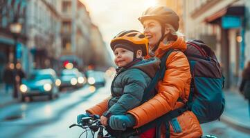 une femme et une enfant dans protecteur casques sont équitation une bicyclette vers le bas une rue photo