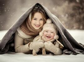 mère et enfant sont en jouant en dessous de une couverture photo