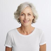 portrait de une souriant mature femme pour beauté et soins de santé La publicité photo