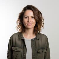 portrait de une souriant Jeune femme dans une décontractée veste photo