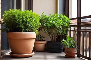 populaire mis en pot les plantes dans une terre cuite pot sur le fenêtre seuil de le maison fenêtre, balcon, succulent, bégonia, épanouissement, ficus. photo