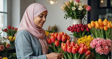 musulman femme fleuriste recueille bouquet de tulipes- Frais Couper fleurs dans des boites et des vases dans fleur magasin et racks pour vente, livraison pour le vacances. printemps, Mars 8, aux femmes jour, anniversaire. photo