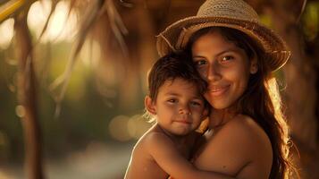 content de la mère journée. ethnique maman dans paille chapeau embrassement sa peu fils dans la nature. agréable famille portrait photo