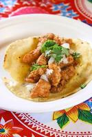taco Al pasteur, classique mexicain cuisine avec oignon, paprika, chipotle et porc longe photo