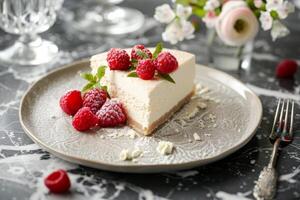 savoureux tranche de cheesecake avec des fruits et agréable décoration menthe feuille photo