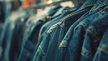 grille de jeans dans le magasin. sélectif se concentrer. tonique. photo