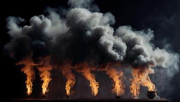 des pots avec Feu et fumée, smog, brûlant , sur une complètement noir Contexte pour recouvrir écran photo