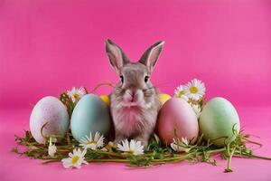 une lapin est séance suivant à sa des œufs sur une rose arrière-plan, entouré par fleurs photo
