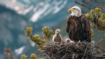 chauve Aigle avec poussin dans le nid sur Montagne Contexte photo