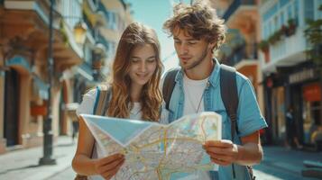 Jeune couple touristique avec carte sur le des rues de le ville. Planification le meilleur façon. en marchant dans ville photo