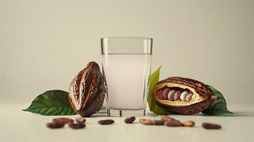 Frais cacao l'eau dans verre et cacao dosettes avec cacao des haricots Contexte photo