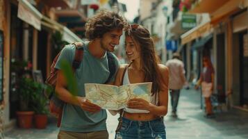 Jeune couple touristique avec carte sur le des rues de le ville. photo