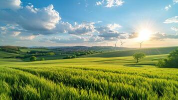 vert champ éco paysage avec vent des turbines. renouvelable énergie technologie. photo